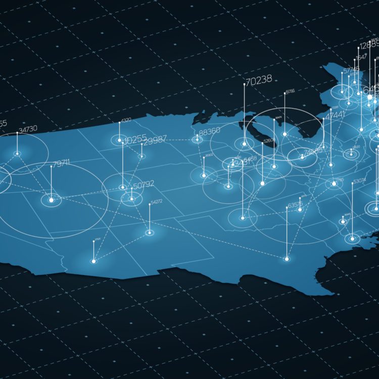 Map of the United States of America with various points displaying numbers