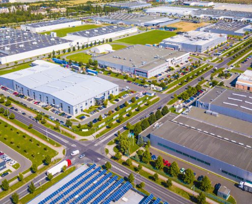Aerial view of commercial buildings